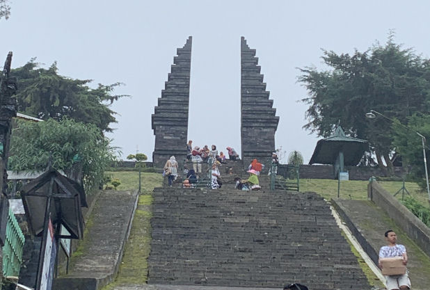 Cetho Temple terraces with mountain backdrop