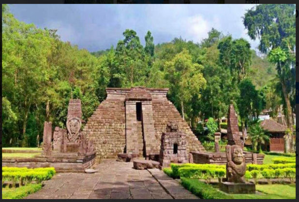Sukuh Temple stone terraces with mountain backdrop
